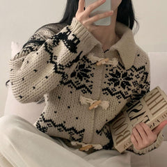 Aesthetic Snowflake Horn Button Knitted Cardigan - fairypeony