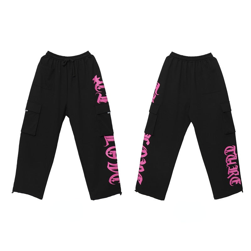 Gothic Letter Pocket Patch Wide Leg Sweatpants - fairypeony