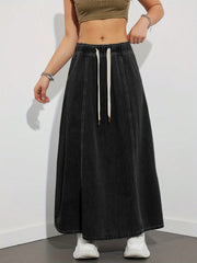 Elastic Waist Drawstring Flared Denim Skirt