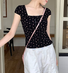 Lace Trim Square Collar Bow Short Sleeve Tee