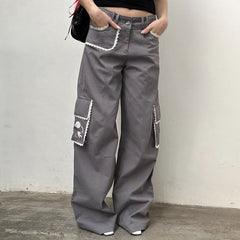 Aesthetic Lace Trim Pocket Cargo Pants