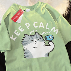 Keep Calm Cat Hair Dryer Print T-shirt