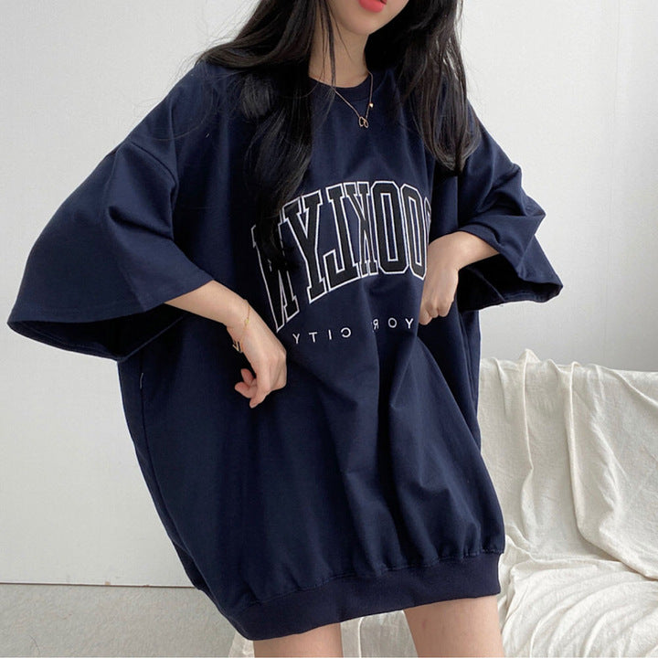 Embroidery Letter Oversized Half Sleeve Tee - fairypeony