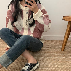 Vintage Argyle Print Oversized Cardigan