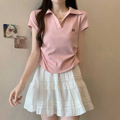 Embroidered Bow Polo Collar Short Sleeve Tee