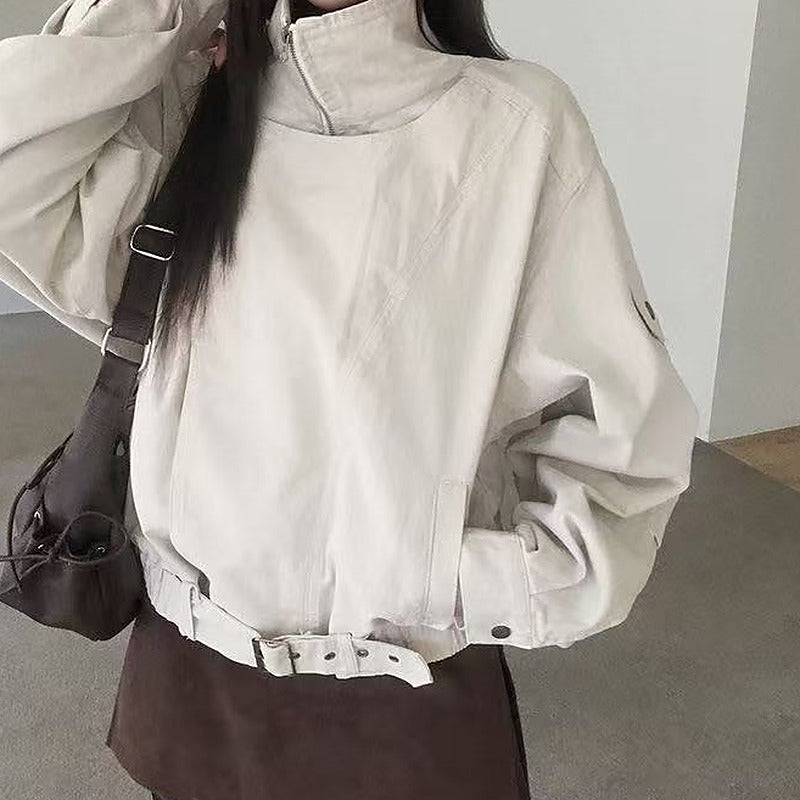 Stand collar relaxed fit woven jacket in beige with buckle belt hem