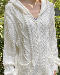 White hooded cable-knit sweater