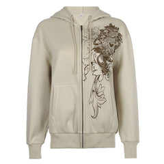 Vintage Floral Graphic Zip Up Hoodie - fairypeony