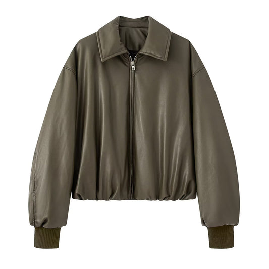 Motorcycle-Style Leather Cotton Coat – Padded PU Jacket in Green Black Brown S–L