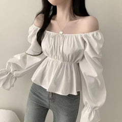 Solid Color Elastic Square Collar Puff Sleeve Blouse