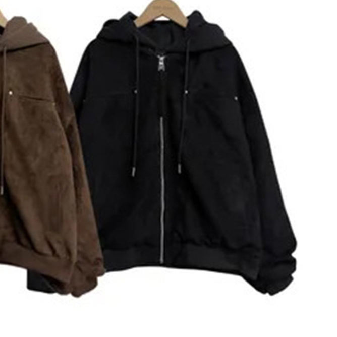 Faux two-piece hooded biker jacket in black on hanger