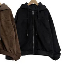Faux two-piece hooded biker jacket in black on hanger