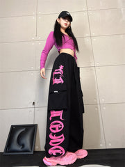 Gothic Letter Pocket Patch Wide Leg Sweatpants - fairypeony