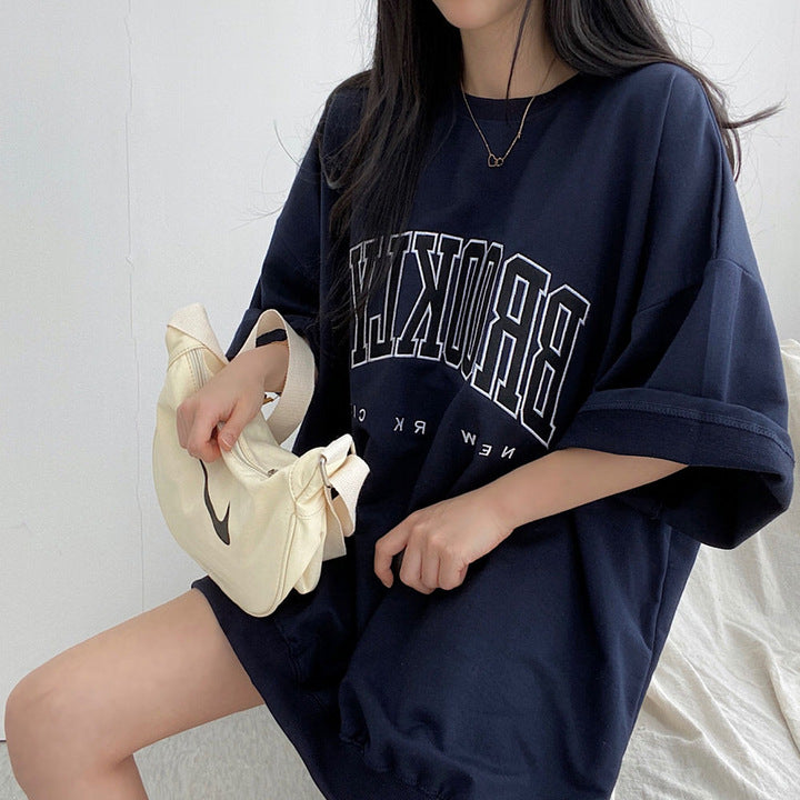 Embroidery Letter Oversized Half Sleeve Tee - fairypeony