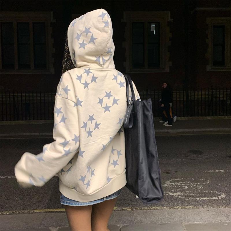 Oversized Star Print Zip Up Hoodie - fairypeony