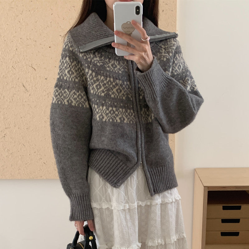 Jacquard Print Oversized Zip Up Cardigan - fairypeony