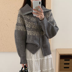 Jacquard Print Oversized Zip Up Cardigan - fairypeony