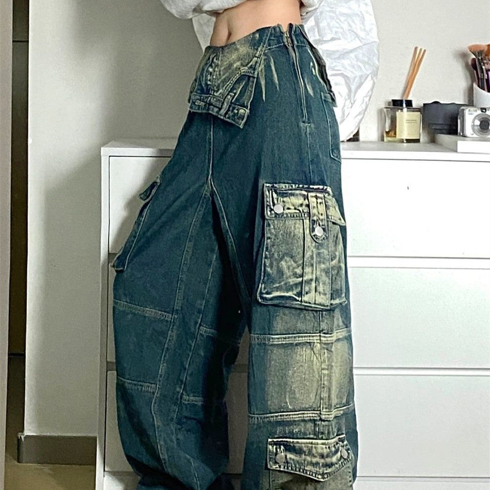 Vintage Contrast Wash Fold Over Cargo Jeans - fairypeony