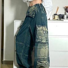 Vintage Contrast Wash Fold Over Cargo Jeans - fairypeony