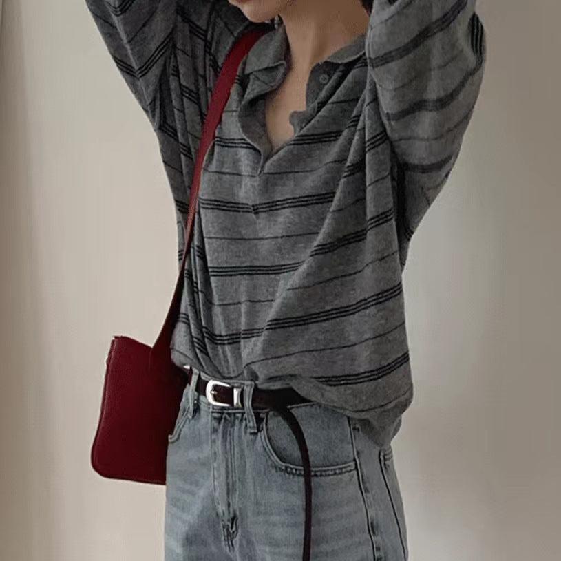 Vintage 90s Polo Collar Striped Sweatshirt - fairypeony