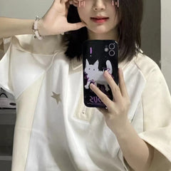 POLO Collar Half Zip Up Short Sleeve T-shirt - fairypeony