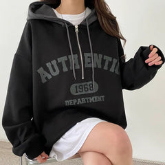 Vintage Letter Print Zipper Oversized Hoodie