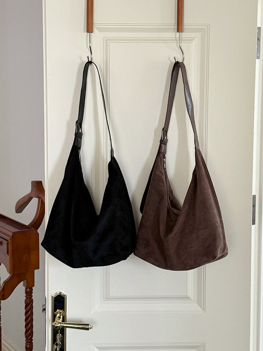 Large Capacity Suede Tote Bag – Lightweight Minimalist Shoulder Bag in Brown & Black