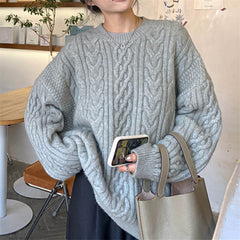 Solid Color Cable Knit Pullover Sweater - fairypeony