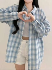 Vintage Blue Plaid Print Mid Length Blouse