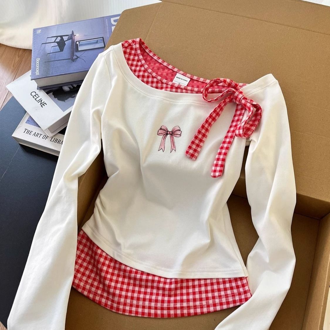 Aesthetic Bow Fake Two-piece Long Sleeve Tee - fairypeony