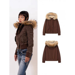 Womens Fur Collar Hooded Workwear Jacket