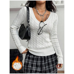 Women's Slim Fit Cable Knit Pullover Sweater V-Neck Long Sleeve