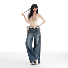 Womens High-Waisted Wide-Leg Denim Pants