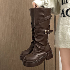 Vintage Chunky Heel Belted High Boots