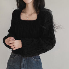 Solid Color Lantern Sleeve Square Collar Sweater