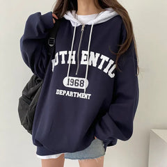 Vintage Letter Print Zipper Oversized Hoodie
