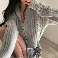 Twist Double Zipper Design Short Cardigan - fairypeony