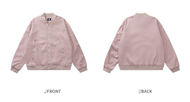 Metal Star Oversized Zip Up Bomber Jacket - fairypeony