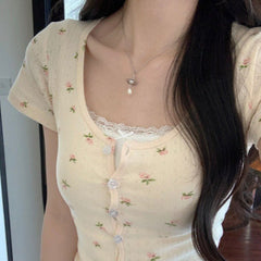 Aesthetic Floral Print Button Short Sleeve Tee