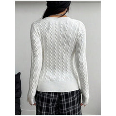 Women's Slim Fit Cable Knit Pullover Sweater V-Neck Long Sleeve