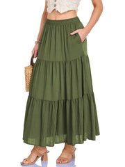 Womens Cotton Linen Elastic Waist Long Skirt