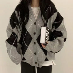 Argyle Print Oversized Preppy Cardigan
