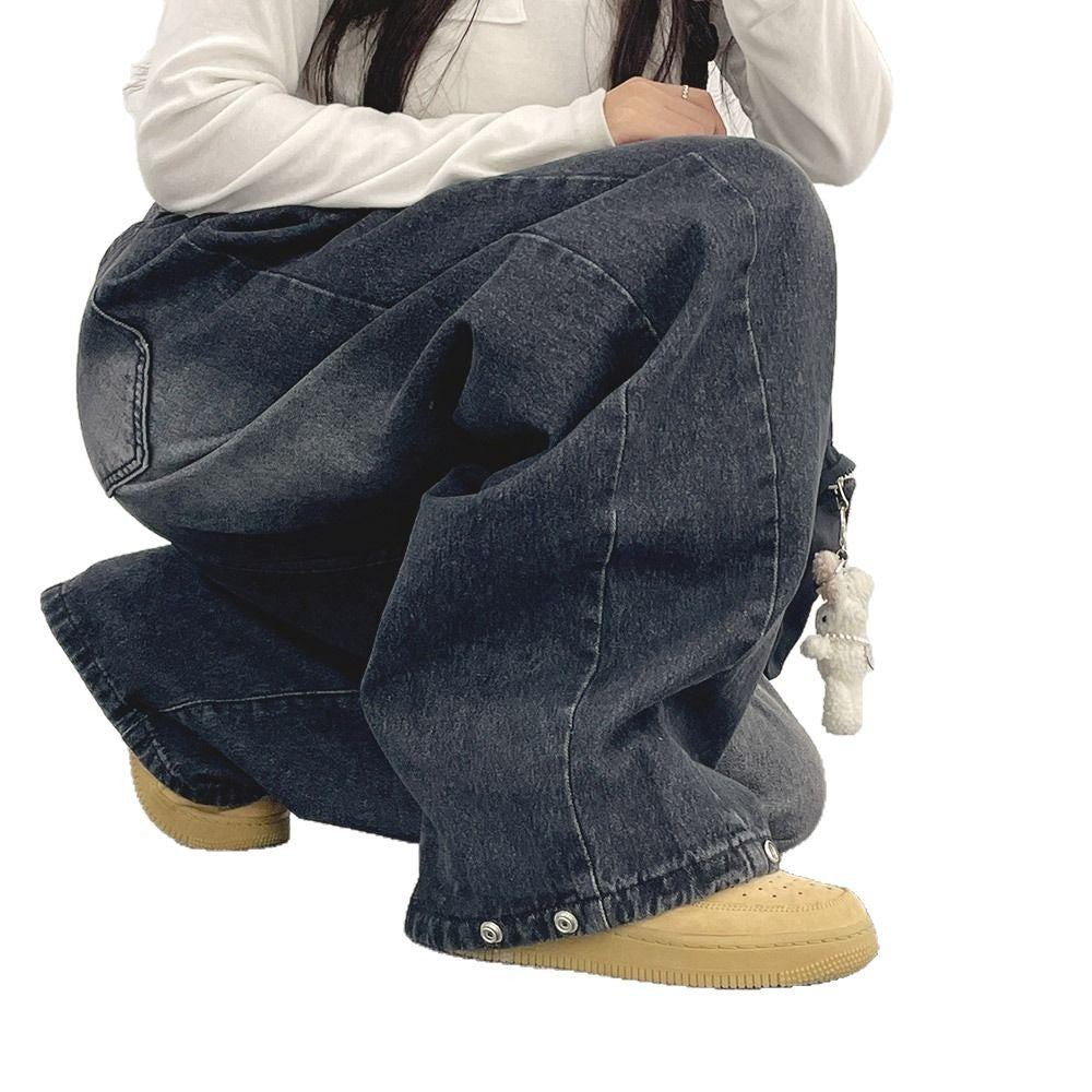 High waist wide-leg vintage washed jeans in dark blue, button hem detail