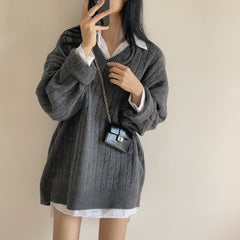 V-neck Mid-length Sweater Thick Long-sleeved Knitted Top