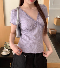Lace Trim V Neck Slim Short Sleeve Tee