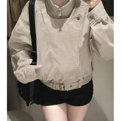 Retro Stand Collar Slim Fit Long Sleeve Woven Jacket