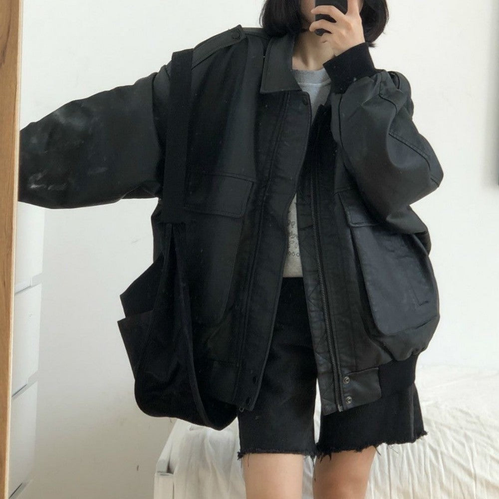 Big Pocket Lapel Neck Quilted Leather Jacket - fairypeony