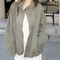 Drop shoulder vintage distressed stand collar jacket in army green, street style
