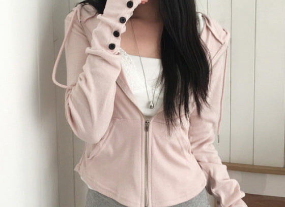 Butterfly sleeve hooded knit sweater in Pink, front view