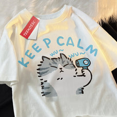 Keep Calm Cat Hair Dryer Print T-shirt